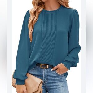 CECE Smocked Cuff Pin-Tuck Front Blouse Women's L Night Horizon Back Button